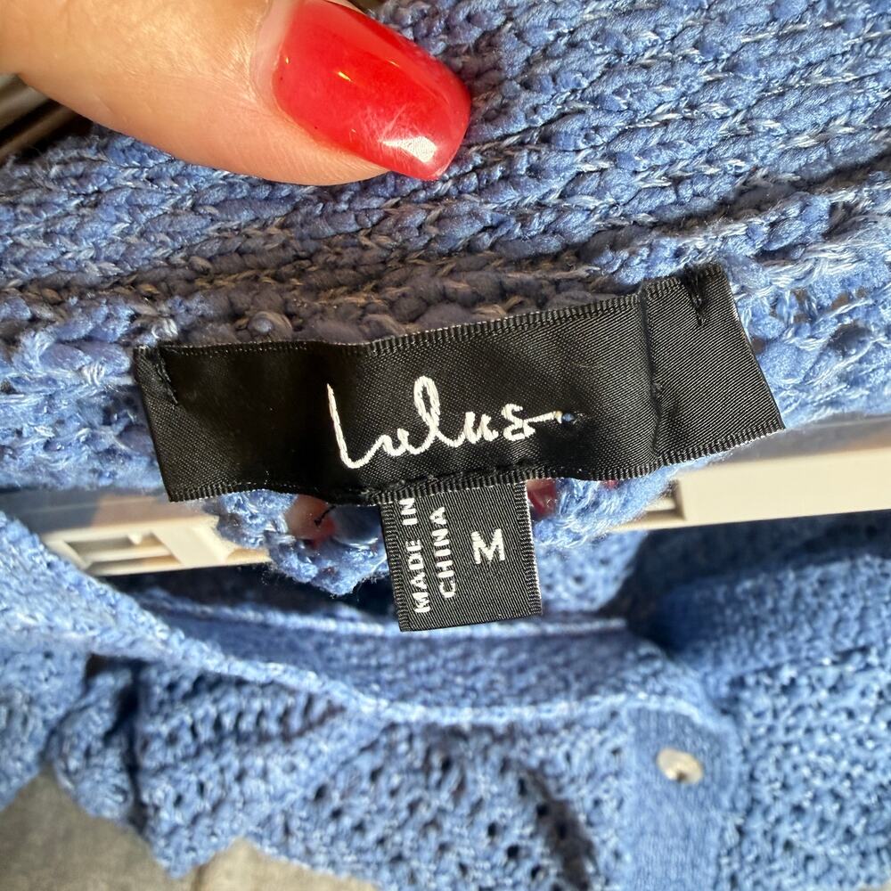 Lulu’s Blue Crochet Knit Cardigan Button Front Lightweight Sweater Medium - Picture 3 of 8